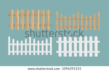 Vector illustration set of the different wood fences in natural color texture and white color. Royalty-Free Stock Photo #1096391255