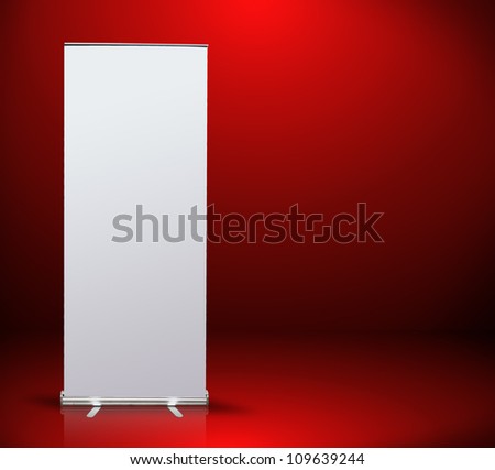 blank roll up banner display in red room