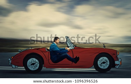 Profile portrait of a young smiling businessman driving a drawn race car on a imaginary highway.
