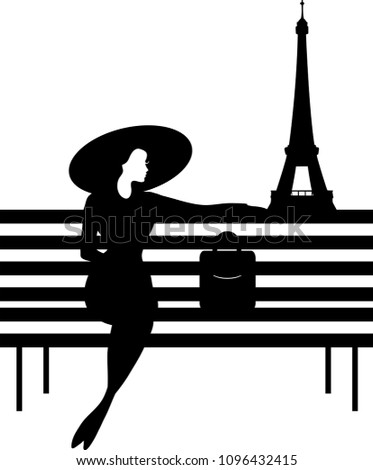 Stylish graphic silhouette of a woman on a bench in Paris. Isabelle series