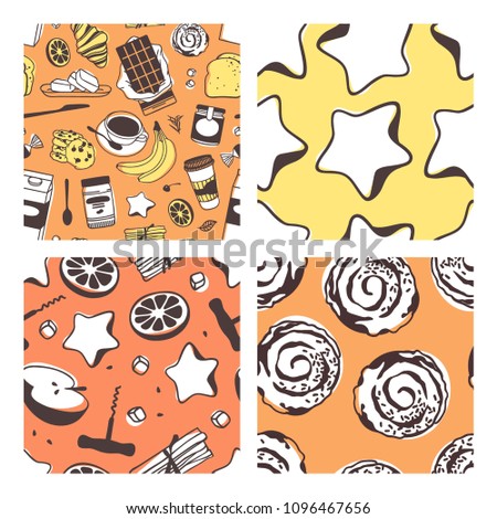Hand drawn bun, cookies, fruits, coffee. Vector artistic seamless pattern with food. Actual illustration 