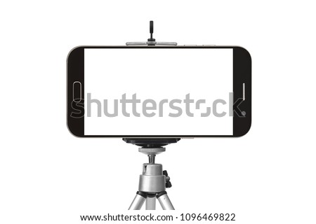 black smart phone with tripod isolated on white background Royalty-Free Stock Photo #1096469822