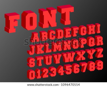 3d alphabet font template. Letters and numbers vintage design. Vector illustration.