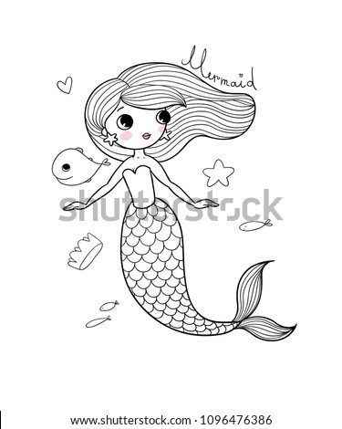 Princess Mermaid. Siren. Sea theme. 
Hand drawing isolated objects on white background. Vector illustration. 