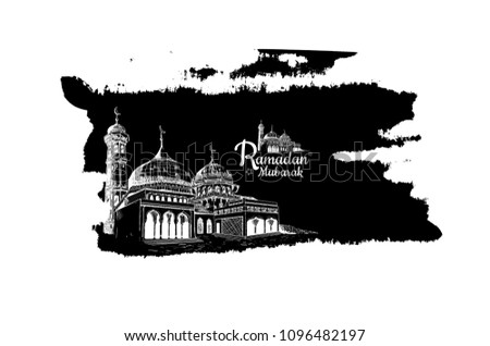 Ramadan Mubarak free hand drawing sketch of mosque in black brush background. Vector illustration for ramadan celebration event