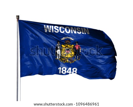 flag of State of Wisconsin on a flagpole, isolated on white background