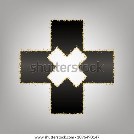 First aid sign illustration. Vector. Blackish icon with golden stars at grayish background.
