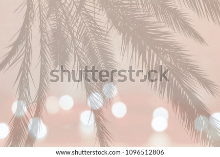 Palm leaf silhouette on festive blurry lights on soft orange background with copy space