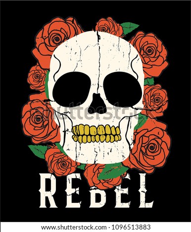 tee print design with skull and rose drawn as vector