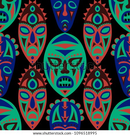 Seamless Background. Ethnic Seamless Background with Ritual Masks for Card or Poster. Ethnic Seamless Pattern with Color Trible Shamanic Masks for your Design. Vector Texture.