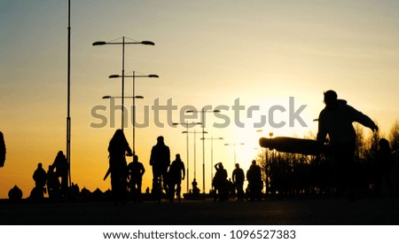 Silhouettes of young guys skating on skateboards, on bicycles, rollerblades in a park at sunset