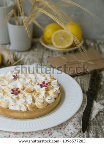 Rustic composition with lemon curd Tart decorated with lightly burned meringue