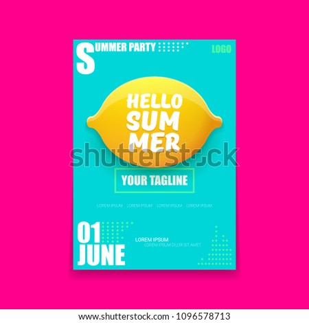 Vector Hello Summer Beach Party vertical A4 poster Design template with fresh lemon isolated on azure background. Hello summer concept label or flyer with orange fruit and typographic text.