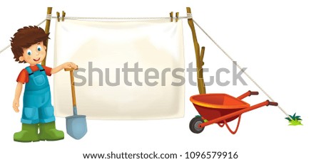 cartoon happy and funny farm scene with farmer boy with wheelbarrow on white background - illustration for children 