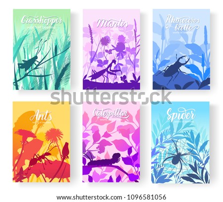 Brochures with insects in the microcosm. set of flyers with beetles in the environment. Template of magazines, poster, book cover, banners. Landscape invitation concept background