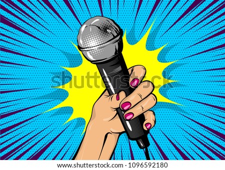 News comic text speech bubble. Woman pop art style fashion. Girl hand hold microphone cartoon vector illustration. Retro poster comimc book performance. Entertainment halftone background.