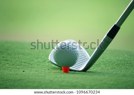 golf club and golf ball close up in grass field with sunset. Golf ball close up in golf coures at Thailand