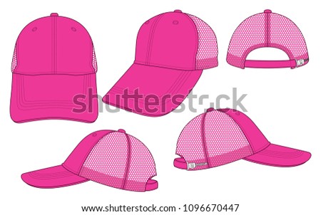 Blank Pink Baseball Cap With Mesh At Side And Back Panels, Slider Plastic Buckle Zip Closure Strap Template on White Background, Vector File.