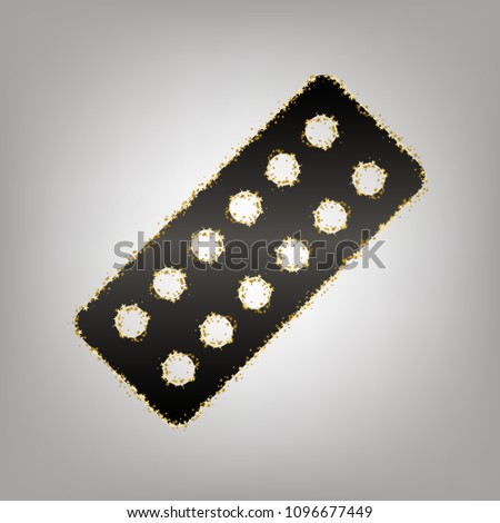 Medical Pills sign. Vector. Blackish icon with golden stars at grayish background.