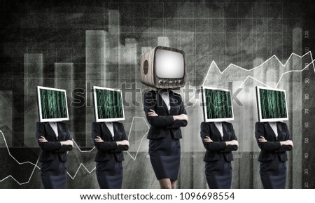 Business women in suits with monitors instead of their heads keeping arms crossed while standing in a row and one at the head with old TV against analytical charts on background.