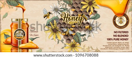 Wild flower honey ads with 3d illustration glass jar filled with nectar on retro engraving apiary background Royalty-Free Stock Photo #1096708088