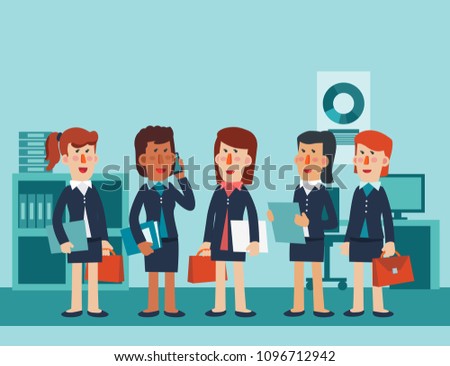 Young business women talking and discussing in the office. Vector illustration of business characters. Teamwork and partnership vector concept