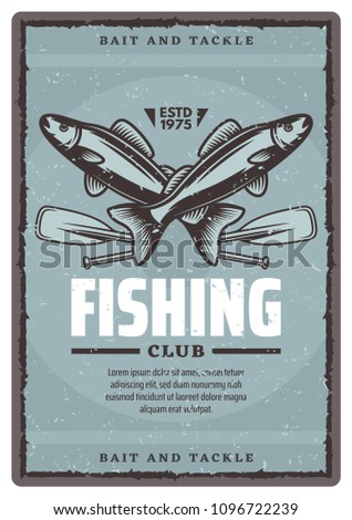 Fishing club retro poster with wild salmon and paddles. Creative badge for fishing club, concept of bait and tackle. Fishing vector banner in vintage style. Fishing sport and fishermen club concept