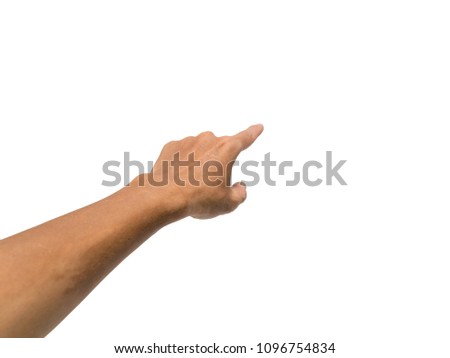 Man hand pointing forward on white background.