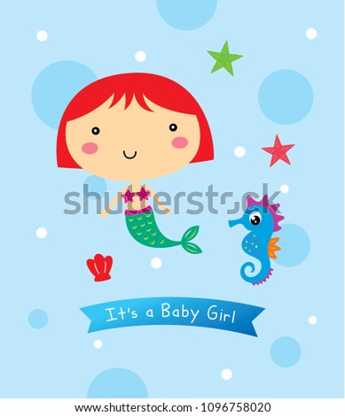 Vector illustration of cute mermaid princess with colorful hair, seahorse and under the sea elements.
