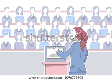 Girl speaker in headset with laptop gives a speech to the audience at a business conference. Vector concept illustration of trainings and presentations.