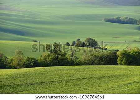 Beautiful green meadows, fields and hills. Moravian Tuscany – beautiful spring landscape in south Moravia near Kyjov town. Czech Republic - Europe.