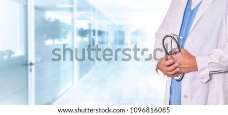 Medicine doctor and stethoscope, medical technology network concept