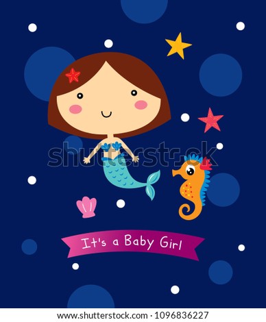 Vector illustration of cute mermaid princess with colorful hair, seahorse and under the sea elements.