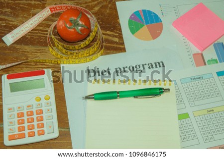 Healthy natural organic food diet, ripe harvest. tomato composition, measuring tape, calculator. Diet concept, Fruit dieting