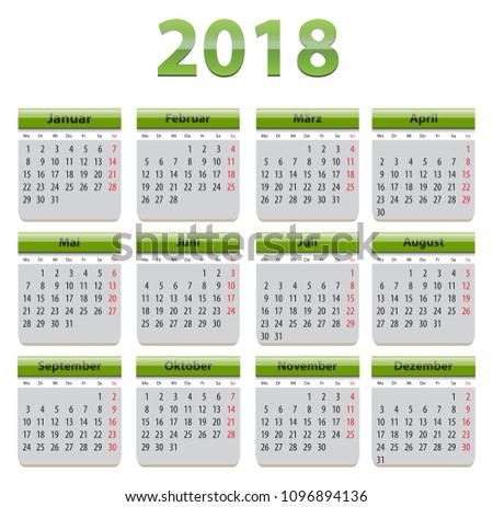 Green calendar for 2018 year in German language