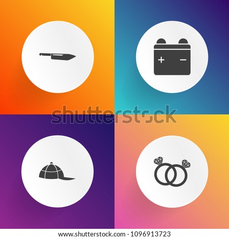 Modern, simple vector icon set on gradient backgrounds with sport, baseball, wedding, kitchen, wear, jewelry, hat, metal, cap, charger, object, electricity, proposal, full, energy, uniform, gift icons