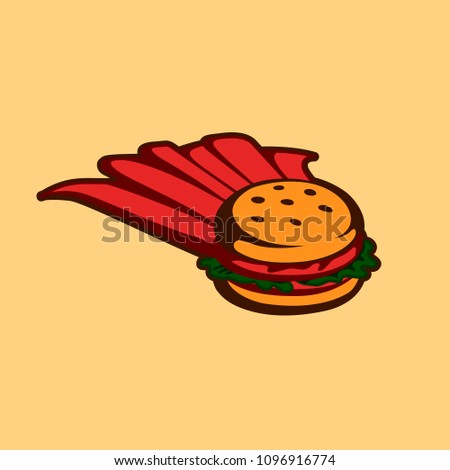 Burger icon. Vector isolated illustration of hamburger in a red raincoat like a superman, fast and saving. Brand label for fast food cafe, restaurant, menu design.