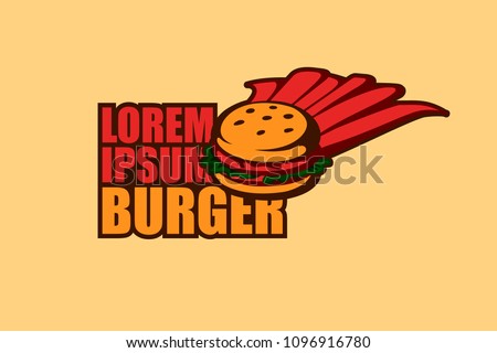 Fast Food restaurant logo template. Vector illustration of burger in a raincoat like a superman, fast and saving. Brand label for cafe, menu design.