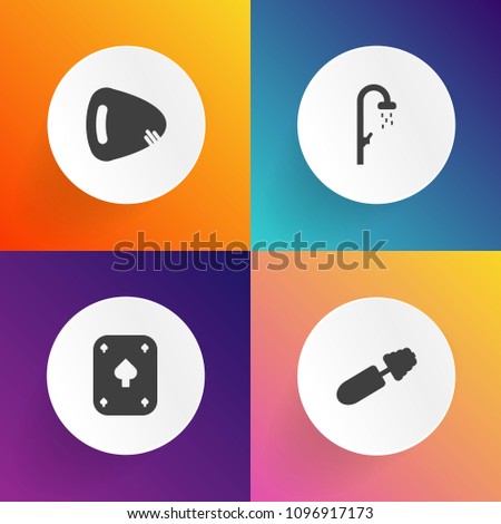 Modern, simple vector icon set on gradient backgrounds with sound, bathroom, hygiene, song, fashion, electric, make-up, style, string, guitar, vegas, shower, music, black, applicator, game, sign icons