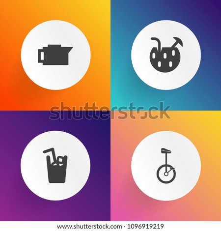 Modern, simple vector icon set on gradient backgrounds with cocktail, closeup, glass, black, fresh, drink, tent, lime, clown, breakfast, cup, bar, fruit, balloon, sign, summer, ice, bean, water icons