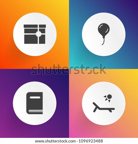Modern, simple vector icon set on gradient backgrounds with education, parcel, open, decoration, present, balloon, travel, anniversary, sun, sea, box, birthday, tourism, sign, literature, object icons