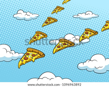 Pizza slices fly like flock of birds pop art retro vector illustration. Color background. Comic book style imitation.