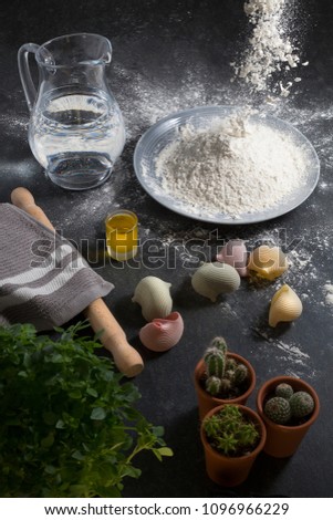 flat top picture of pasta making ingredients
