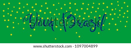 Banner template with calligraphic Spanish lettering quote Viva Brazil with falling stars, in flag colors. Isolated objects. Vector illustration. Design concept independence day celebration, card.