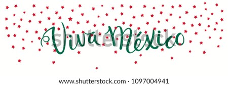 Banner template with calligraphic Spanish lettering quote Viva Mexico with falling stars, in flag colors. Isolated objects. Vector illustration. Design concept independence day celebration, card.