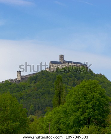 Panoramic view of Bezdez castle in the Czech Republic. In the foreground there are trees, in the background is a hill with castle and there are a white clouds in the blue sky.