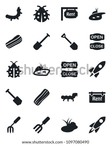 Set of vector isolated black icon - job vector, garden fork, shovel, lady bug, caterpillar, pond, rent, bacon, open close, rocket