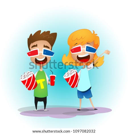 Two cartoon Kids with popcorn and soda standing in the Cinema. Vector Illustration