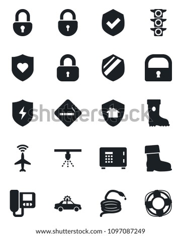 Set of vector isolated black icon - plane radar vector, smoking place, alarm car, safe, lock, boot, hose, heart shield, traffic light, protect, intercome, home, sprinkler, crisis management