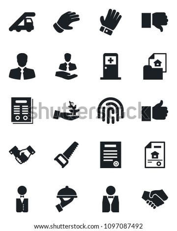 Set of vector isolated black icon - ladder car vector, medical room, handshake, glove, saw, client, finger up, down, fingerprint id, contract, estate document, waiter, palm sproute